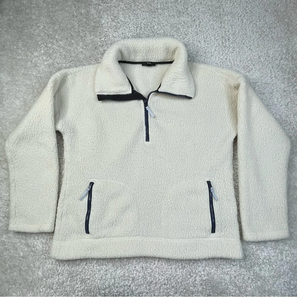 J.Crew Size M 1/4 Zip Jacket Fleece Bright Ivory Pockets Sherpa Cozy Layer Cabin